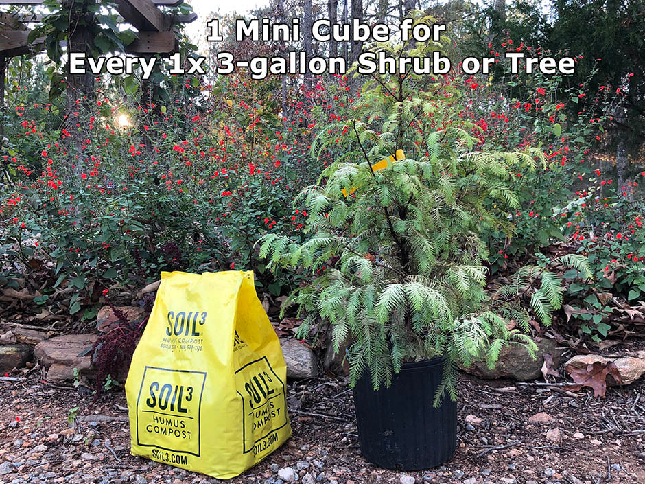 One Soil3 compost Mini Cube for every one 3-gallon plant